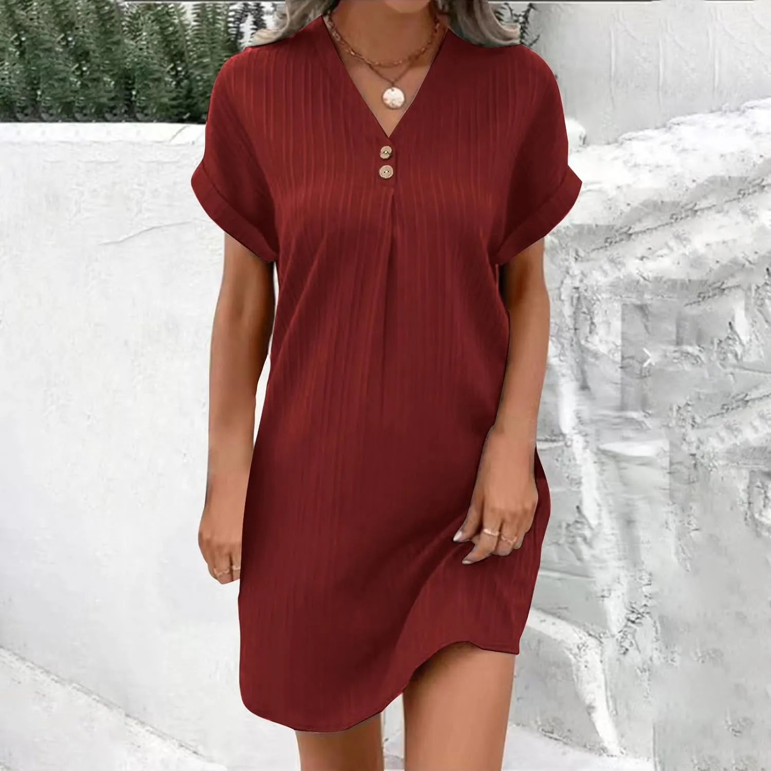 hlysgo Womens Mini Dress 2025 Summer Casual Loose Fit Short Sleeve V Neck Dress Trendy Pleated Going Out Dress for Ladies