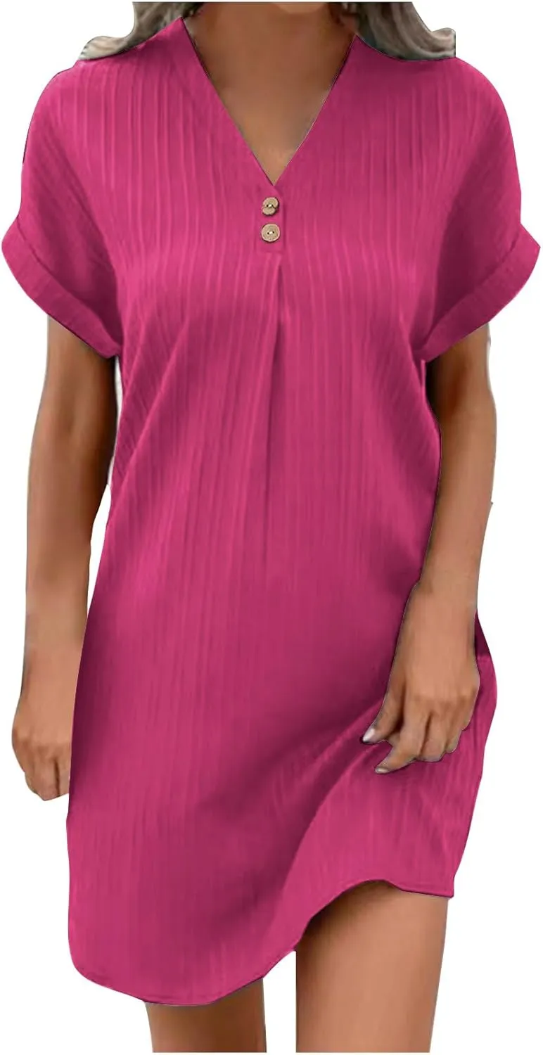 hlysgo Womens Mini Dress 2025 Summer Casual Loose Fit Short Sleeve V Neck Dress Trendy Pleated Going Out Dress for Ladies