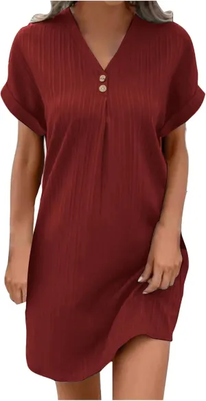 hlysgo Womens Mini Dress 2025 Summer Casual Loose Fit Short Sleeve V Neck Dress Trendy Pleated Going Out Dress for Ladies