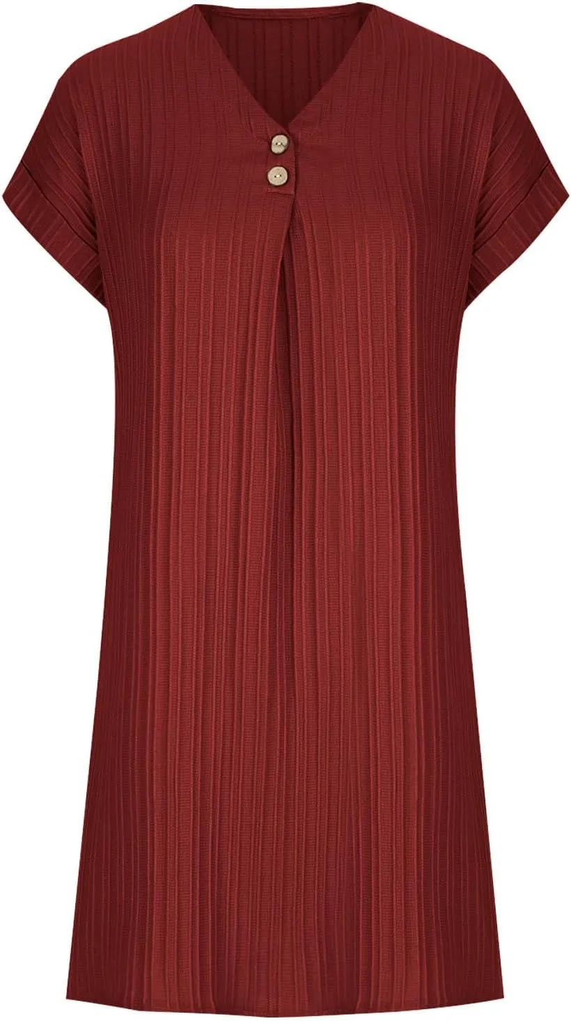 hlysgo Womens Mini Dress 2025 Summer Casual Loose Fit Short Sleeve V Neck Dress Trendy Pleated Going Out Dress for Ladies
