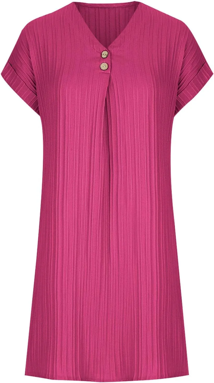 hlysgo Womens Mini Dress 2025 Summer Casual Loose Fit Short Sleeve V Neck Dress Trendy Pleated Going Out Dress for Ladies