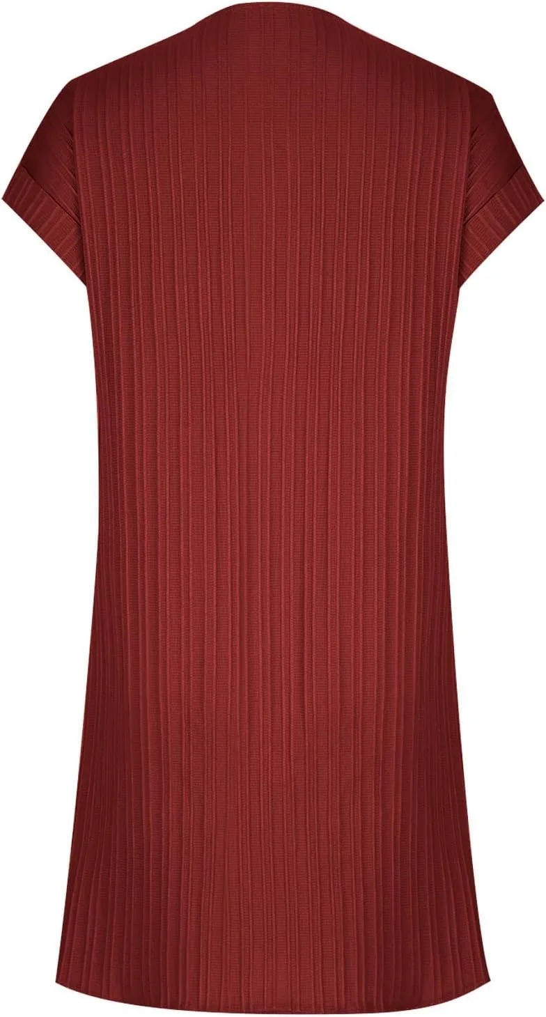 hlysgo Womens Mini Dress 2025 Summer Casual Loose Fit Short Sleeve V Neck Dress Trendy Pleated Going Out Dress for Ladies