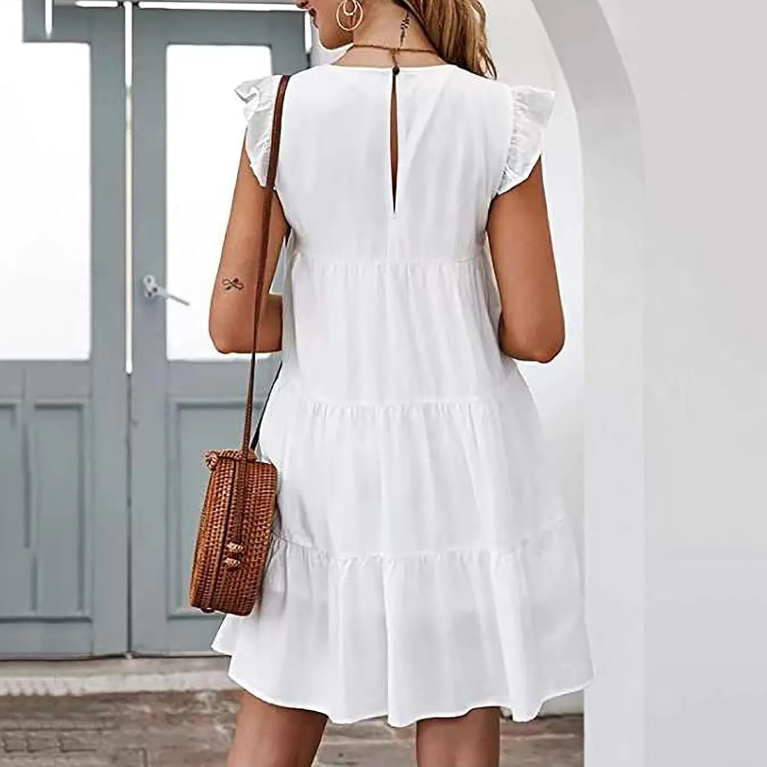 hlysgo Women's Summer Dresses Sleeveless Ruffle Sleeve Casual Solid Color Loose Short Flowy Pleated Mini Babydoll Dress