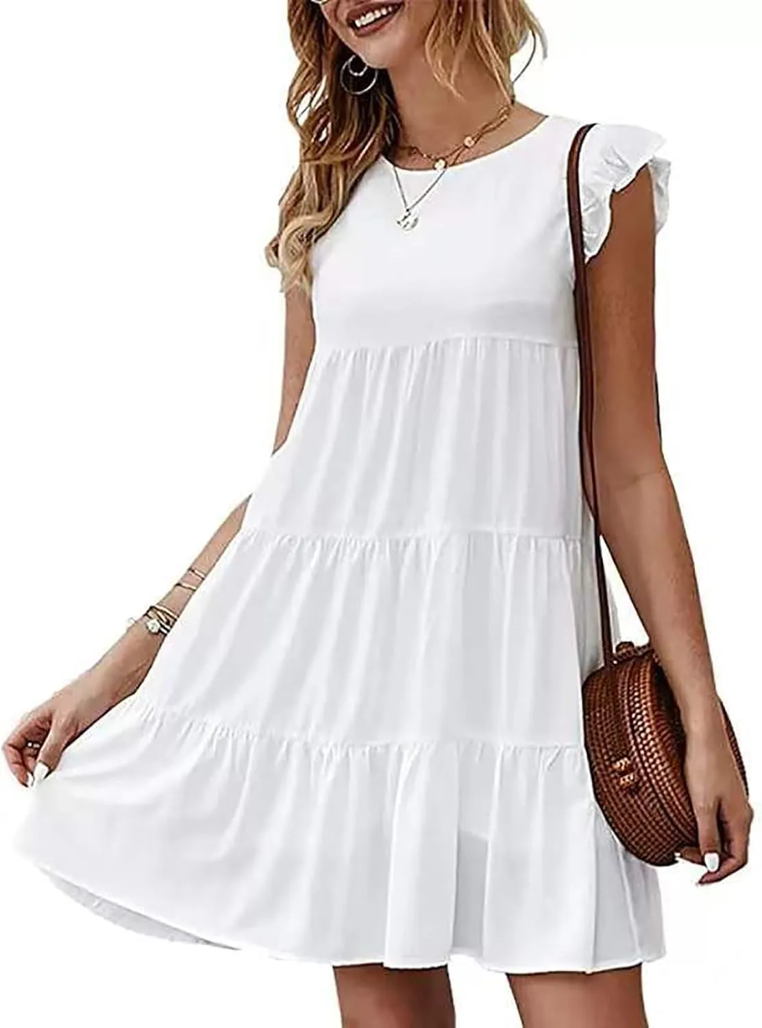 hlysgo Women's Summer Dresses Sleeveless Ruffle Sleeve Casual Solid Color Loose Short Flowy Pleated Mini Babydoll Dress