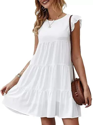 hlysgo Women's Summer Dresses Sleeveless Ruffle Sleeve Casual Solid Color Loose Short Flowy Pleated Mini Babydoll Dress