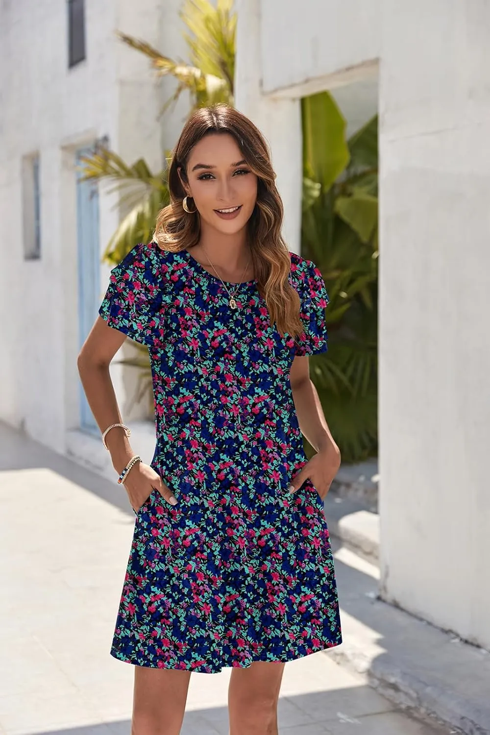 Hount Women's Summer Dresses 2025 Ruffle Sleeve Sundresses Casual Beach Mini Dresses with Pockets