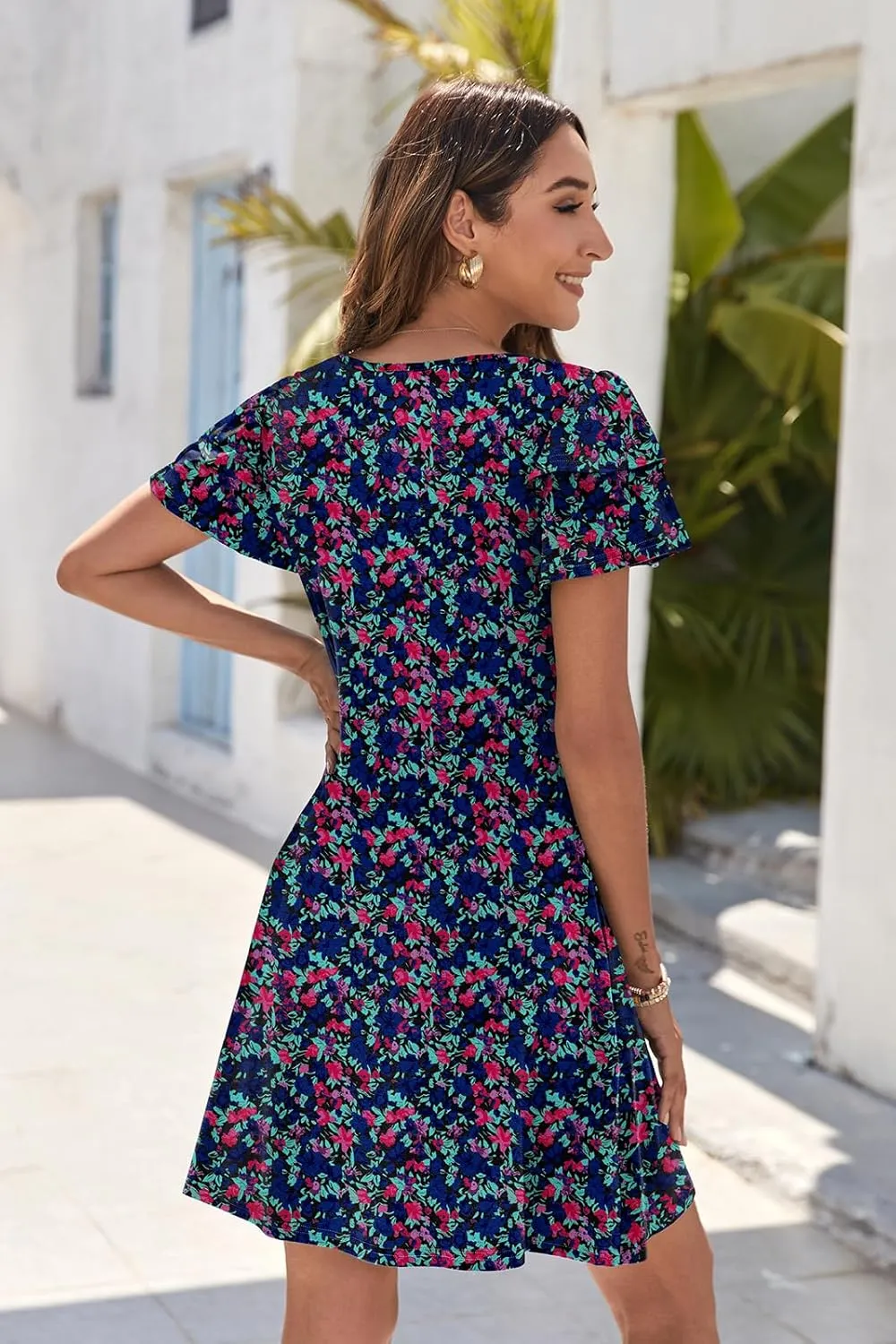 Hount Women's Summer Dresses 2025 Ruffle Sleeve Sundresses Casual Beach Mini Dresses with Pockets