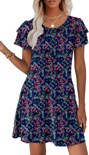 Hount Women's Summer Dresses 2025 Ruffle Sleeve Sundresses Casual Beach Mini Dresses with Pockets