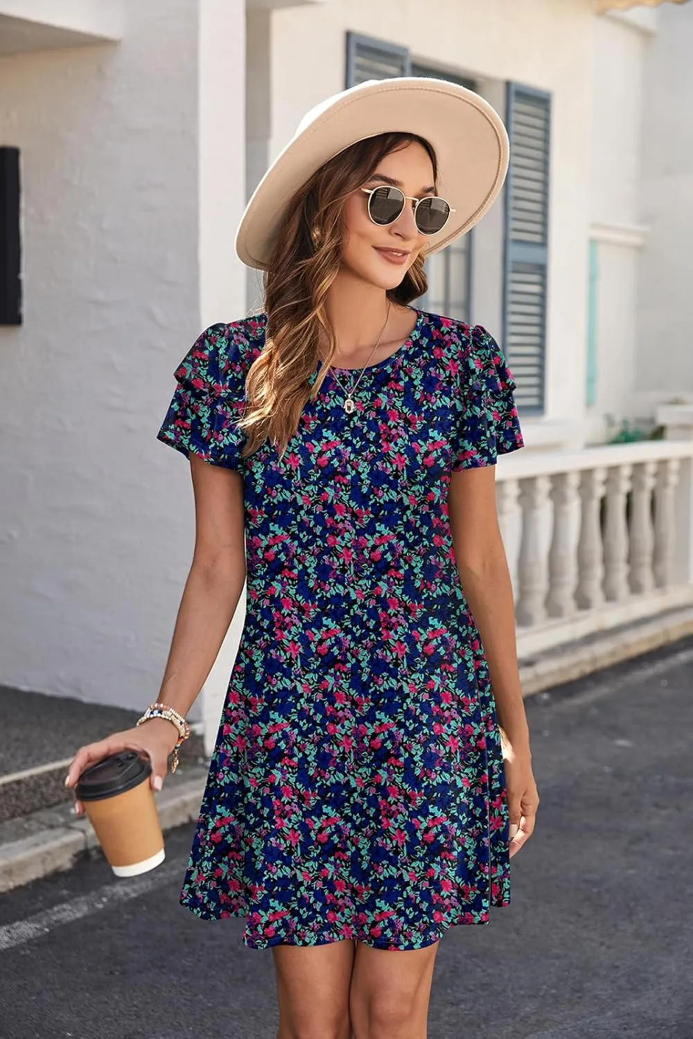 Hount Women's Summer Dresses 2025 Ruffle Sleeve Sundresses Casual Beach Mini Dresses with Pockets