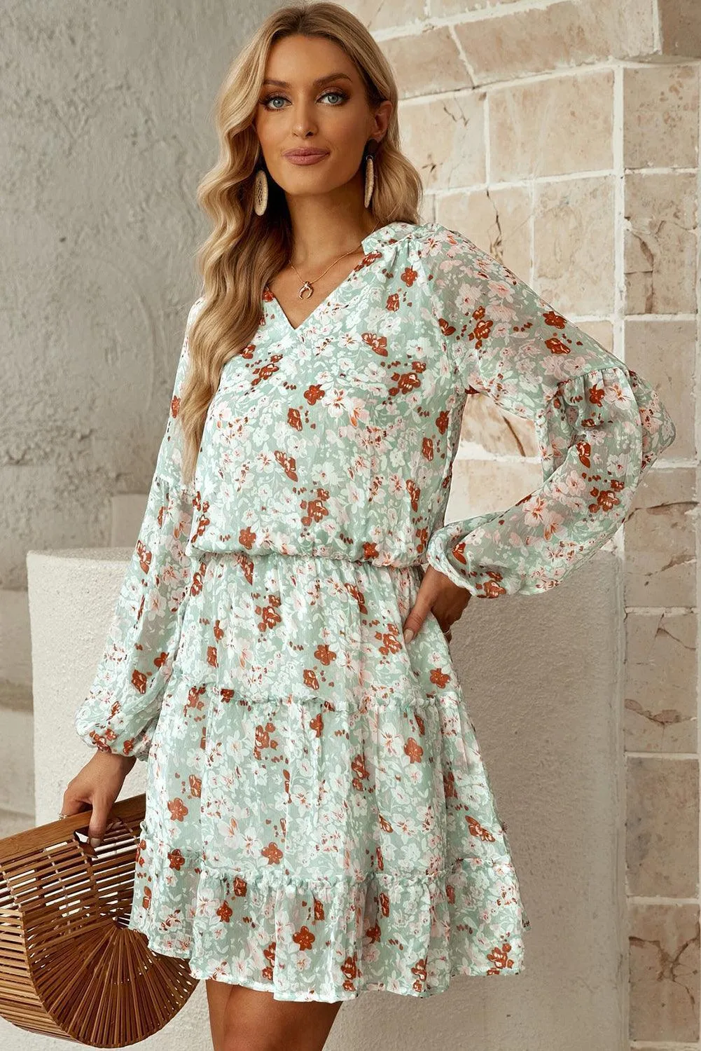 Ideal Girl Floral Frill Puff Sleeve Dress
