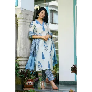 Indolady Beautiful Blue Block Print Suit Set