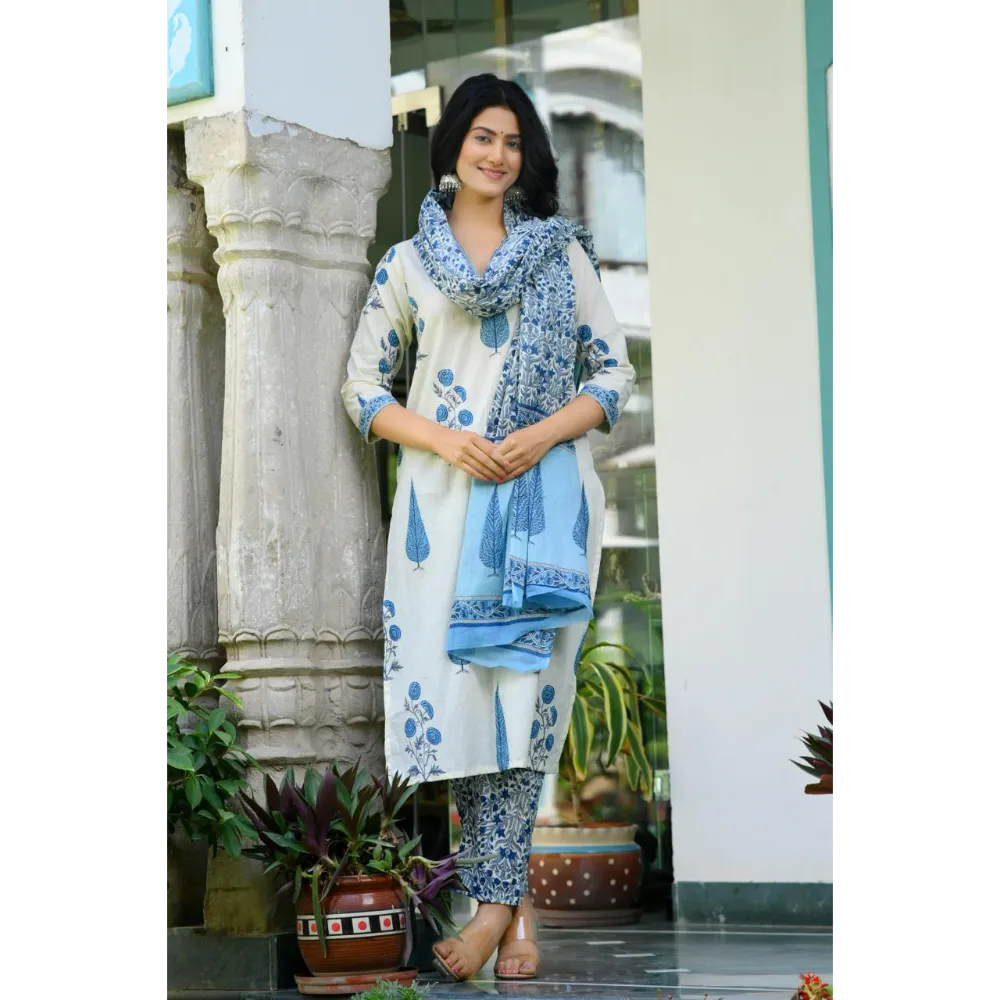 Indolady Beautiful Blue Block Print Suit Set
