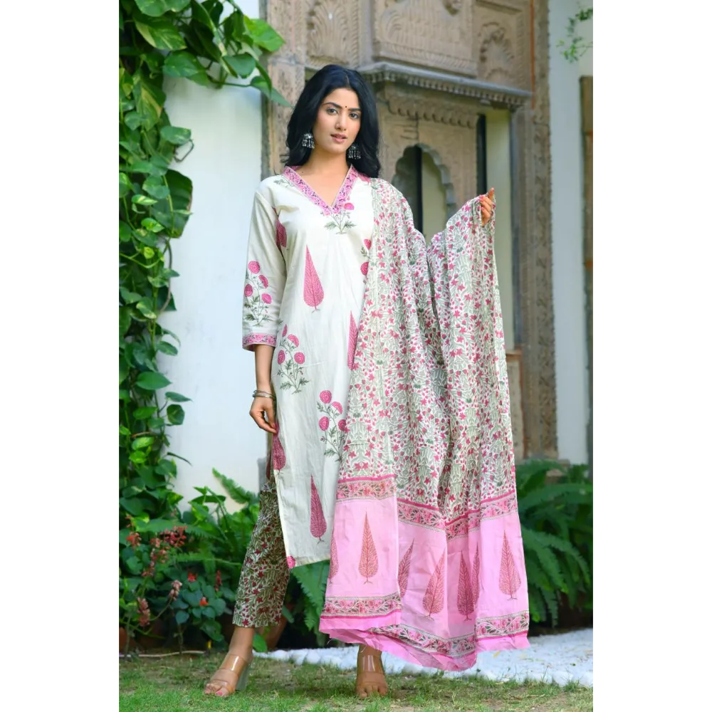 Indolady Beautiful Pink Block Print Suit Set