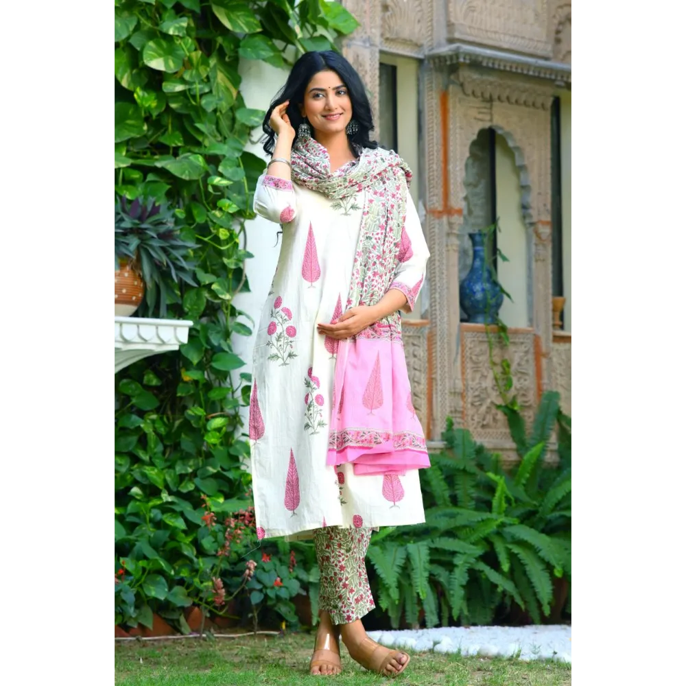 Indolady Beautiful Pink Block Print Suit Set