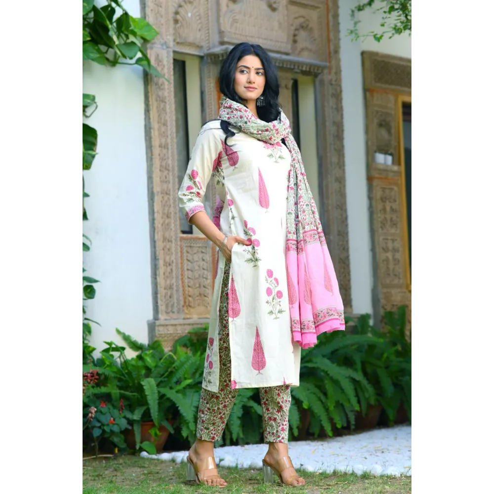 Indolady Beautiful Pink Block Print Suit Set