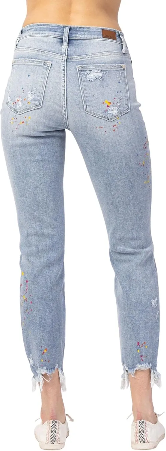 Judy Blue Women's High-Rise Destroyed Confetti Paint Splatter Boyfriend Jeans