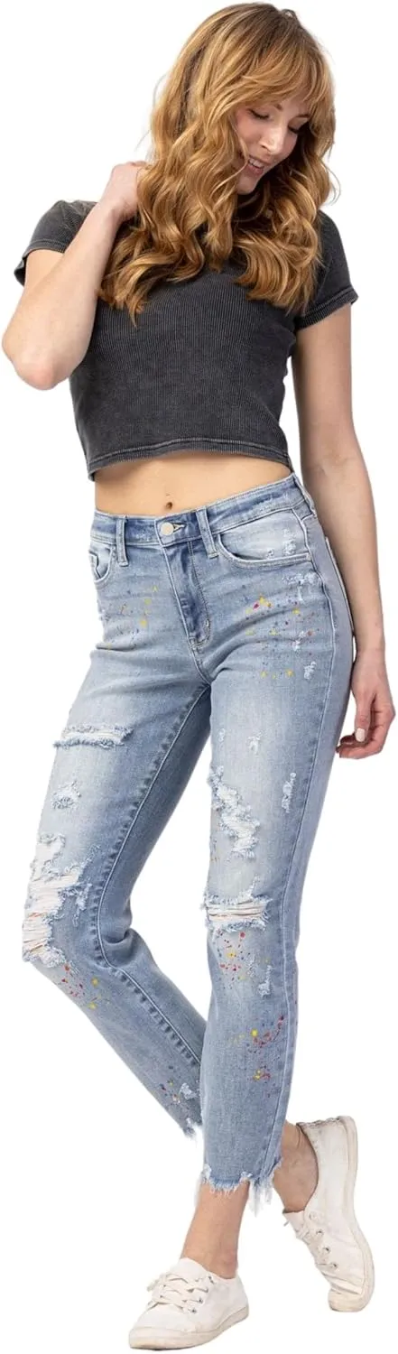 Judy Blue Women's High-Rise Destroyed Confetti Paint Splatter Boyfriend Jeans