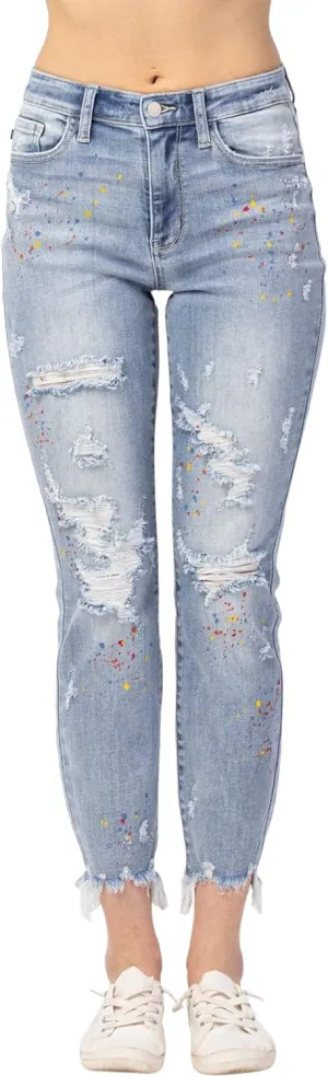Judy Blue Women's High-Rise Destroyed Confetti Paint Splatter Boyfriend Jeans