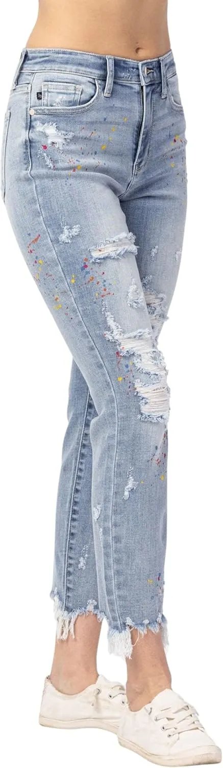 Judy Blue Women's High-Rise Destroyed Confetti Paint Splatter Boyfriend Jeans