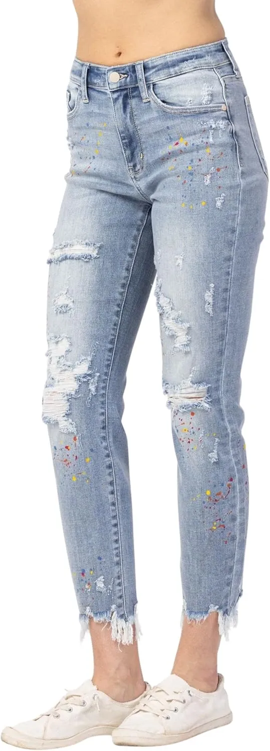 Judy Blue Women's High-Rise Destroyed Confetti Paint Splatter Boyfriend Jeans