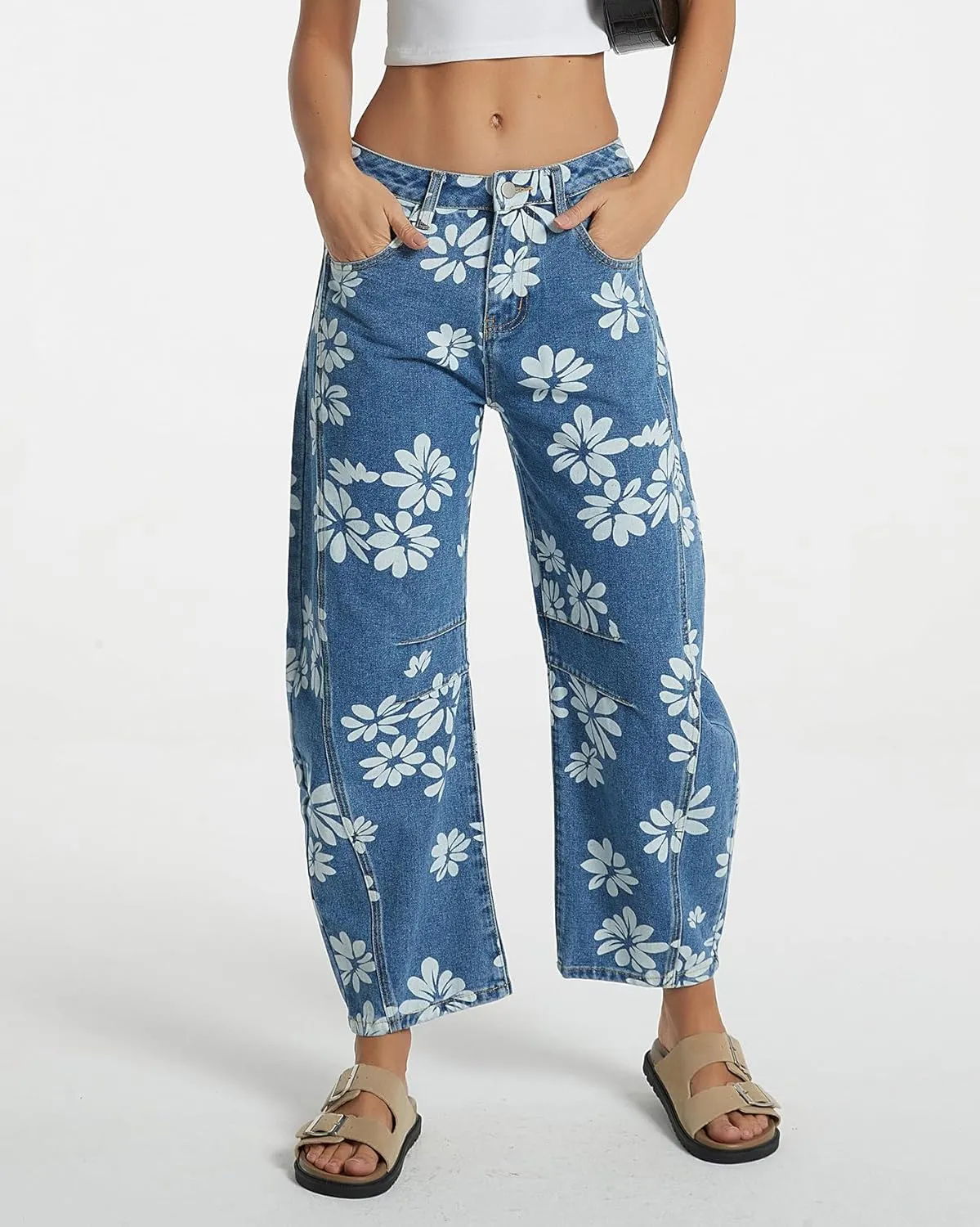 Kedera Women's Baggy Barrel Jeans Wide Leg Mid Rise Y2K Boyfriend Jeans Casual Floral Printed Ankle Denim Pants