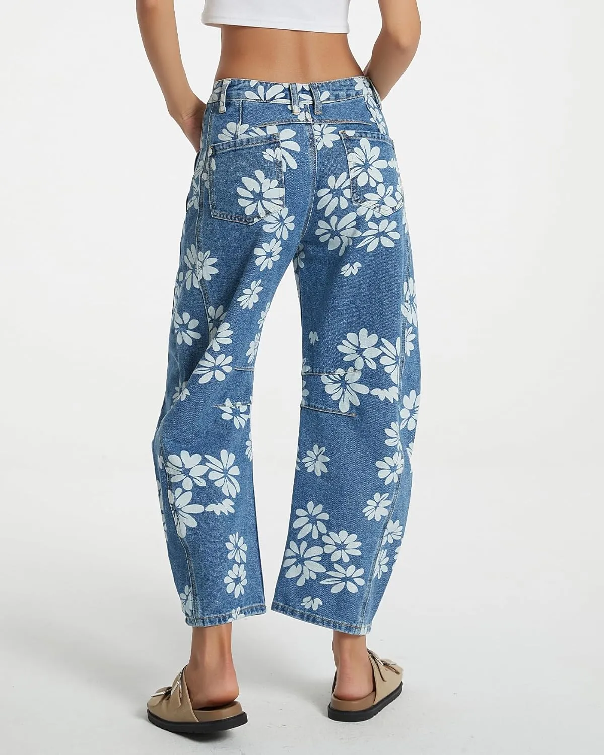 Kedera Women's Baggy Barrel Jeans Wide Leg Mid Rise Y2K Boyfriend Jeans Casual Floral Printed Ankle Denim Pants