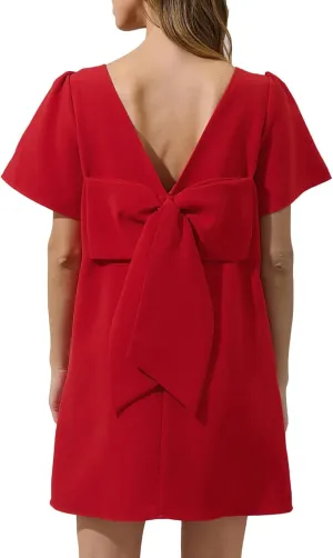 Kedera Women's Casual Mini Bow Crew Neck Short Sleeves Loose Dresses Swing Solid Shift Dress with Pockets