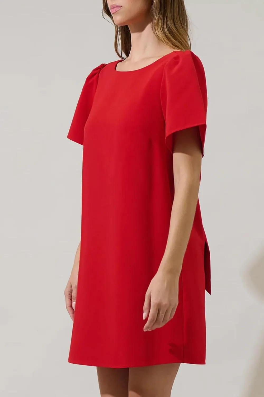Kedera Women's Casual Mini Bow Crew Neck Short Sleeves Loose Dresses Swing Solid Shift Dress with Pockets