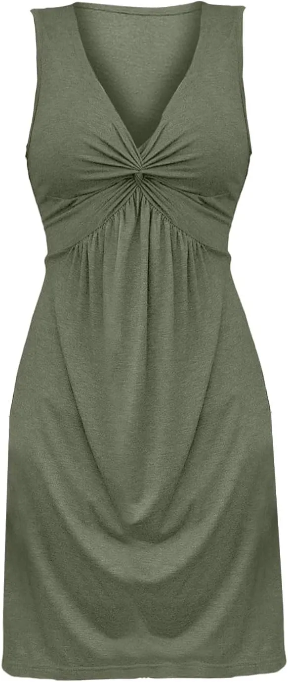 Knotted Front Dresses for Women V Neck Sleeveless Tank Dresses A Line Casual Sundress Vacasion Outfits Beach Sundress