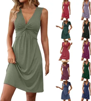 Knotted Front Dresses for Women V Neck Sleeveless Tank Dresses A Line Casual Sundress Vacasion Outfits Beach Sundress