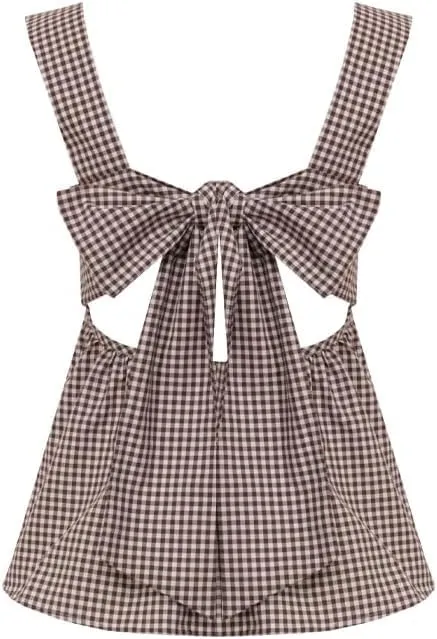 KOSUSANILL Y2k Gingham Tank Top Women Sleeveless Backless Square Neck Ruffle Peplum Babydoll Camisole Going Out Cami Blouse