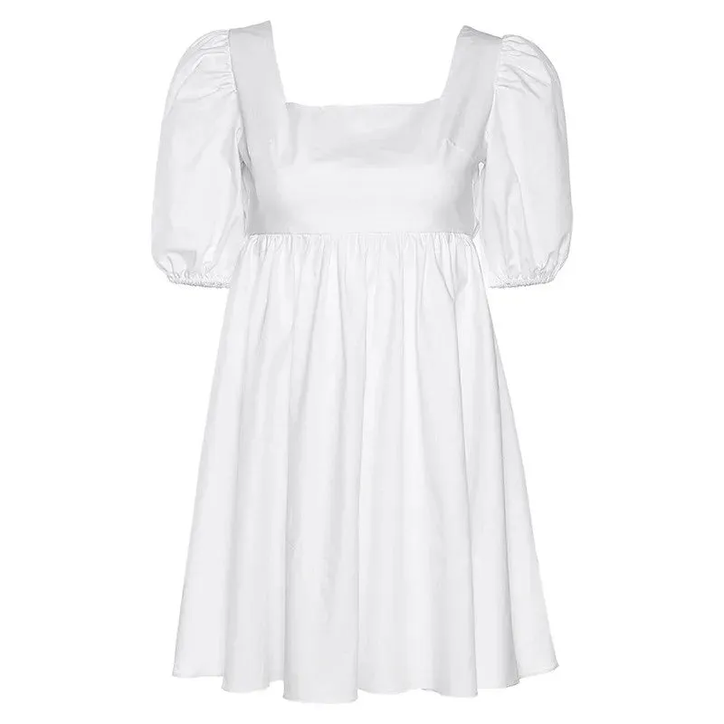 Lace-up Backless Solid Color Square Collar Puff Sleeve High Waist Summer Sweet Dress