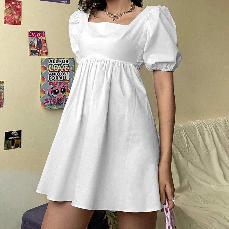 Lace-up Backless Solid Color Square Collar Puff Sleeve High Waist Summer Sweet Dress