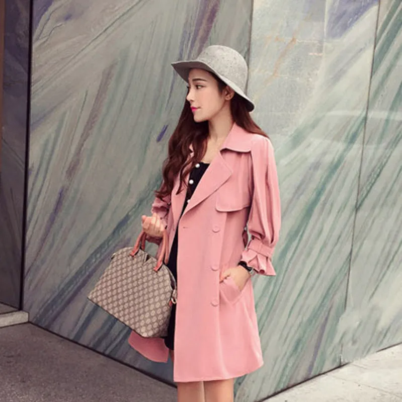 Lapel Strap Belt Bowknot Long Lantern Sleeves Slim Long Coat