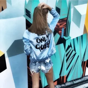 Letter Print Round Collar Zipper Short Coat