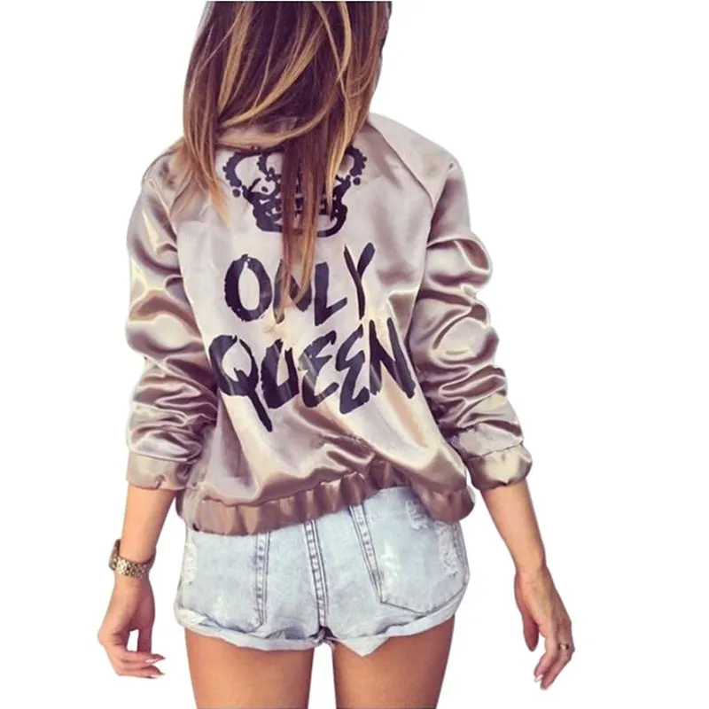 Letter Print Round Collar Zipper Short Coat