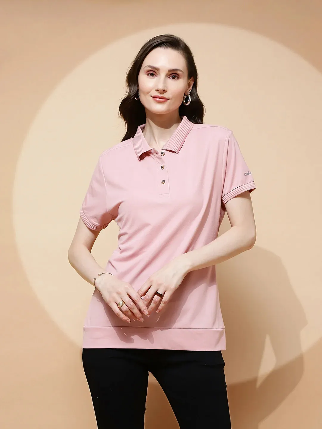 Light Peach Rayon Blend Regular Fit T-Shirt For Women