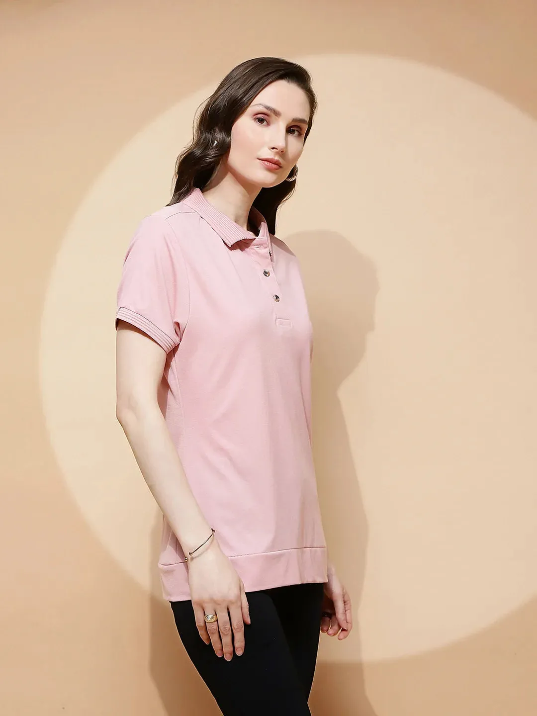 Light Peach Rayon Blend Regular Fit T-Shirt For Women
