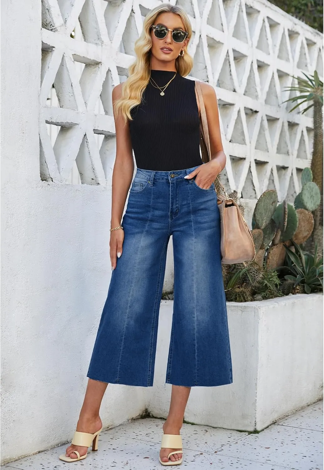 luvamia Wide Leg Capris Jeans for Women Trendy High Waisted Jean Capris Raw Hem Stretchy Denim Capri Cropped Pants