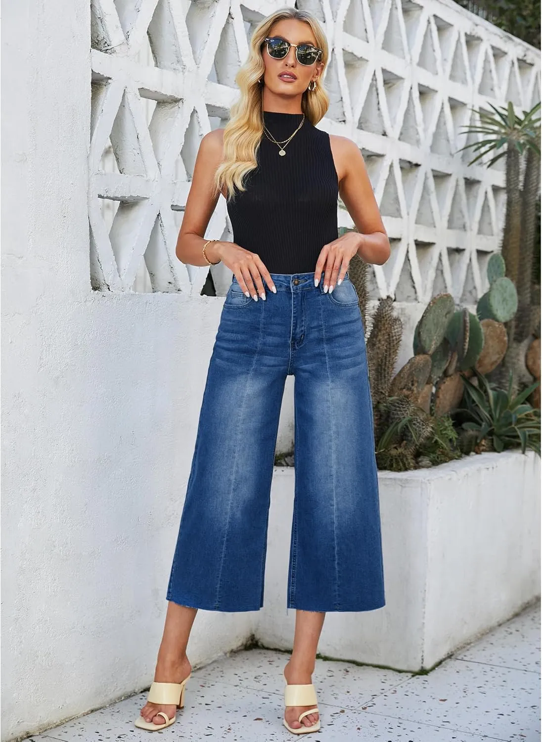 luvamia Wide Leg Capris Jeans for Women Trendy High Waisted Jean Capris Raw Hem Stretchy Denim Capri Cropped Pants