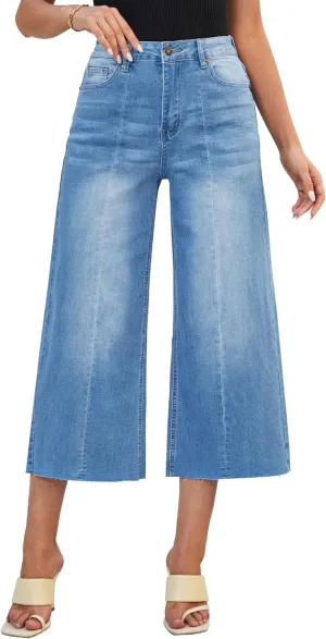 luvamia Wide Leg Capris Jeans for Women Trendy High Waisted Jean Capris Raw Hem Stretchy Denim Capri Cropped Pants