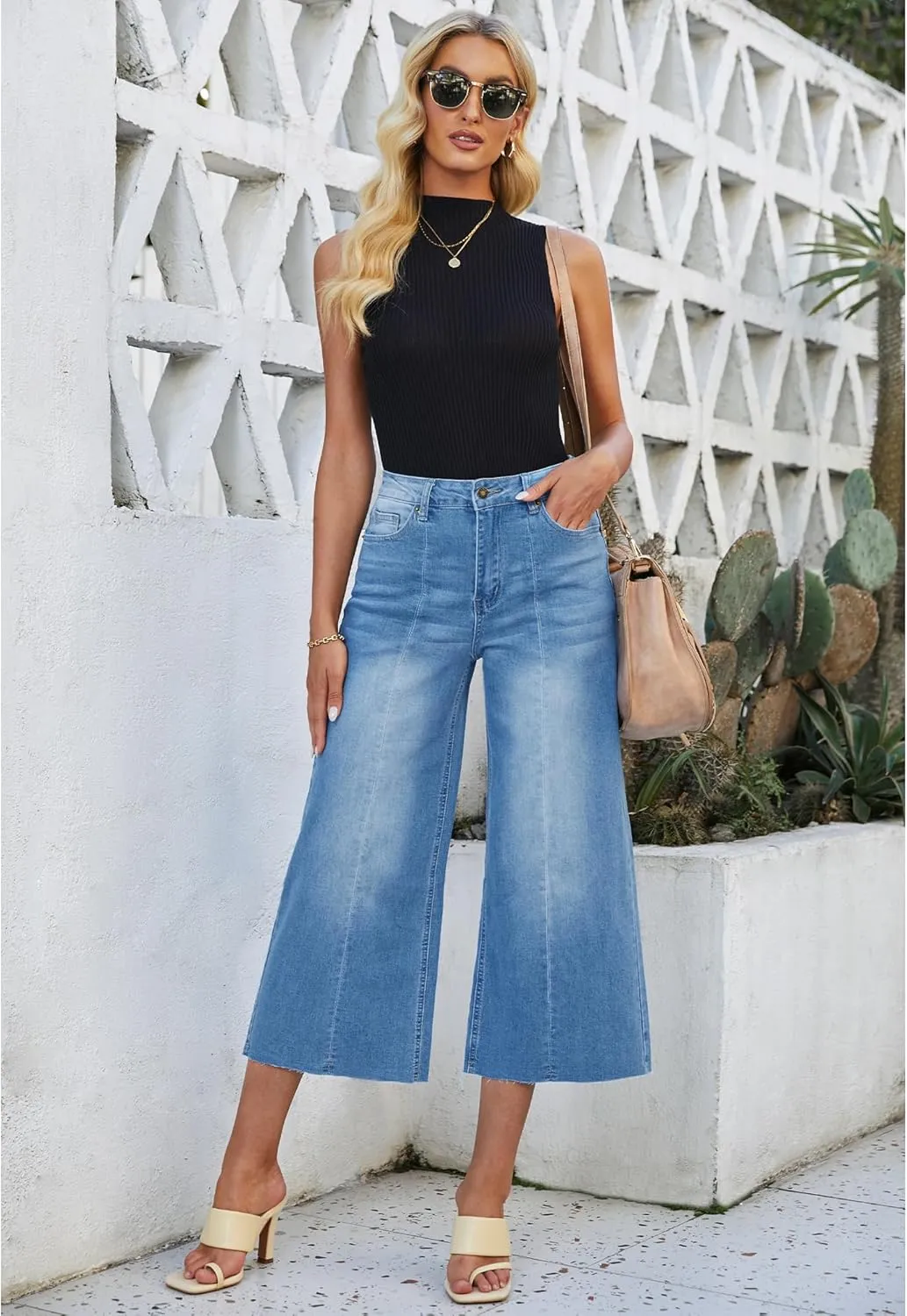 luvamia Wide Leg Capris Jeans for Women Trendy High Waisted Jean Capris Raw Hem Stretchy Denim Capri Cropped Pants