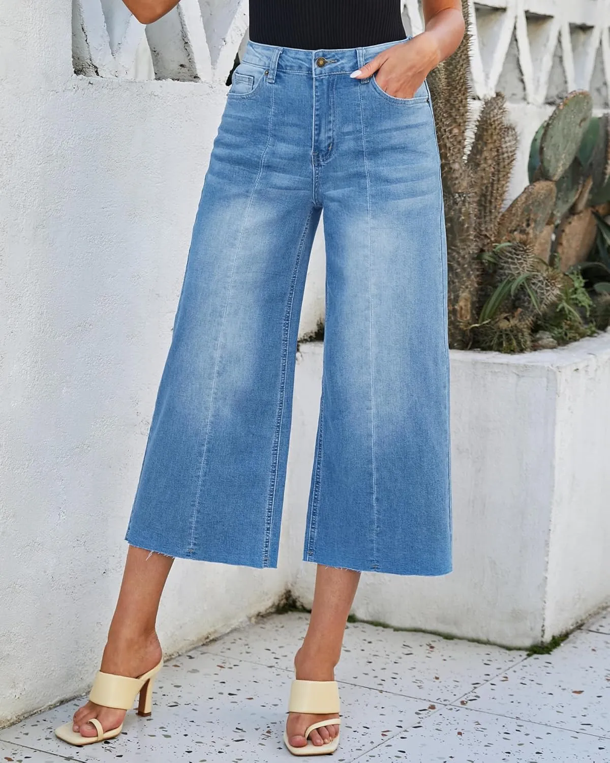 luvamia Wide Leg Capris Jeans for Women Trendy High Waisted Jean Capris Raw Hem Stretchy Denim Capri Cropped Pants