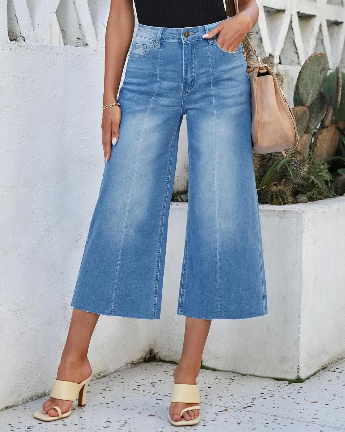 luvamia Wide Leg Capris Jeans for Women Trendy High Waisted Jean Capris Raw Hem Stretchy Denim Capri Cropped Pants