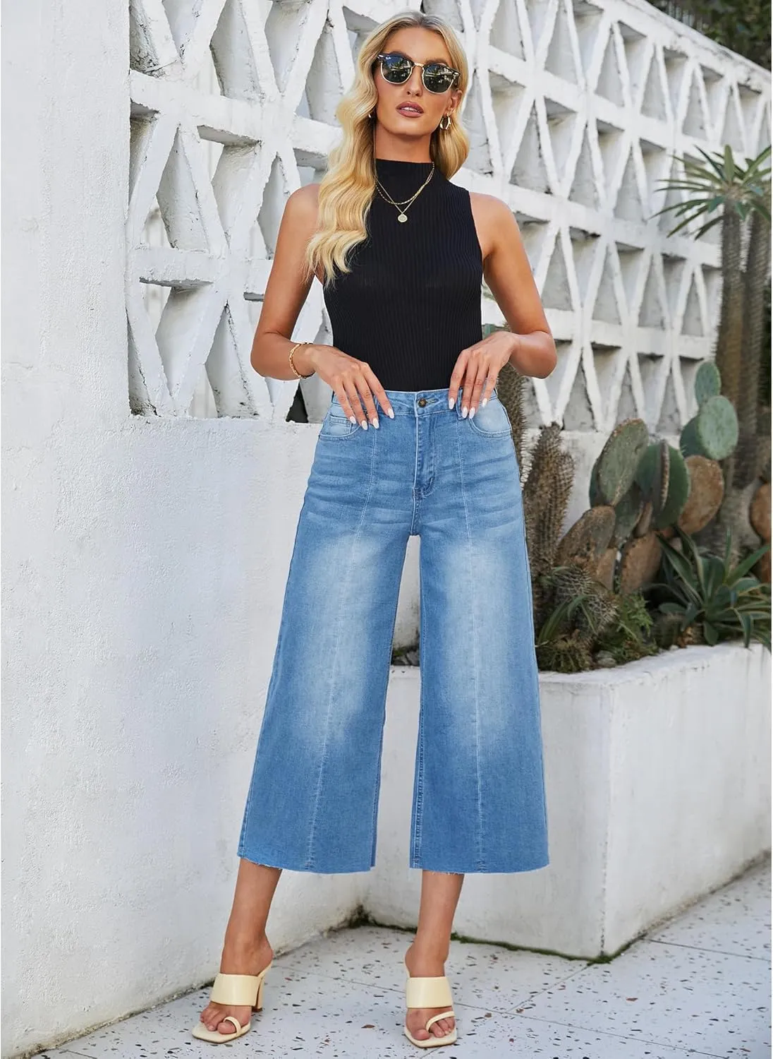 luvamia Wide Leg Capris Jeans for Women Trendy High Waisted Jean Capris Raw Hem Stretchy Denim Capri Cropped Pants
