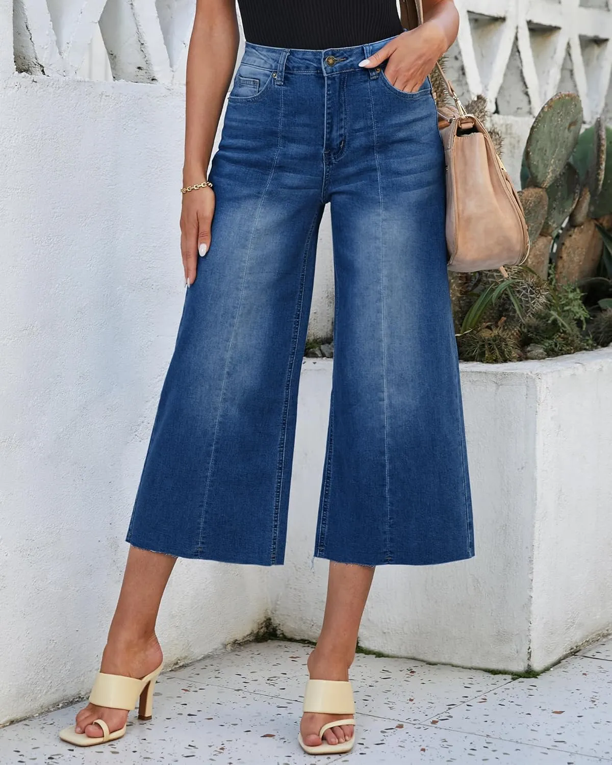 luvamia Wide Leg Capris Jeans for Women Trendy High Waisted Jean Capris Raw Hem Stretchy Denim Capri Cropped Pants