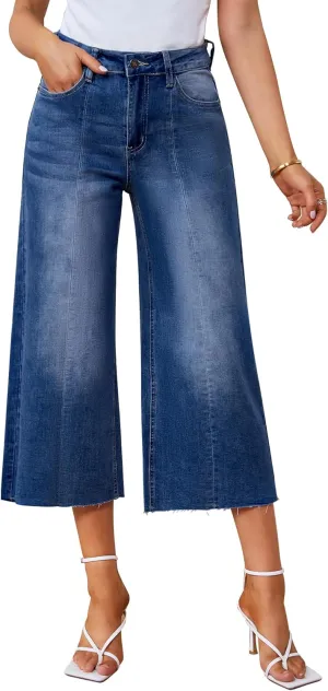 luvamia Wide Leg Capris Jeans for Women Trendy High Waisted Jean Capris Raw Hem Stretchy Denim Capri Cropped Pants