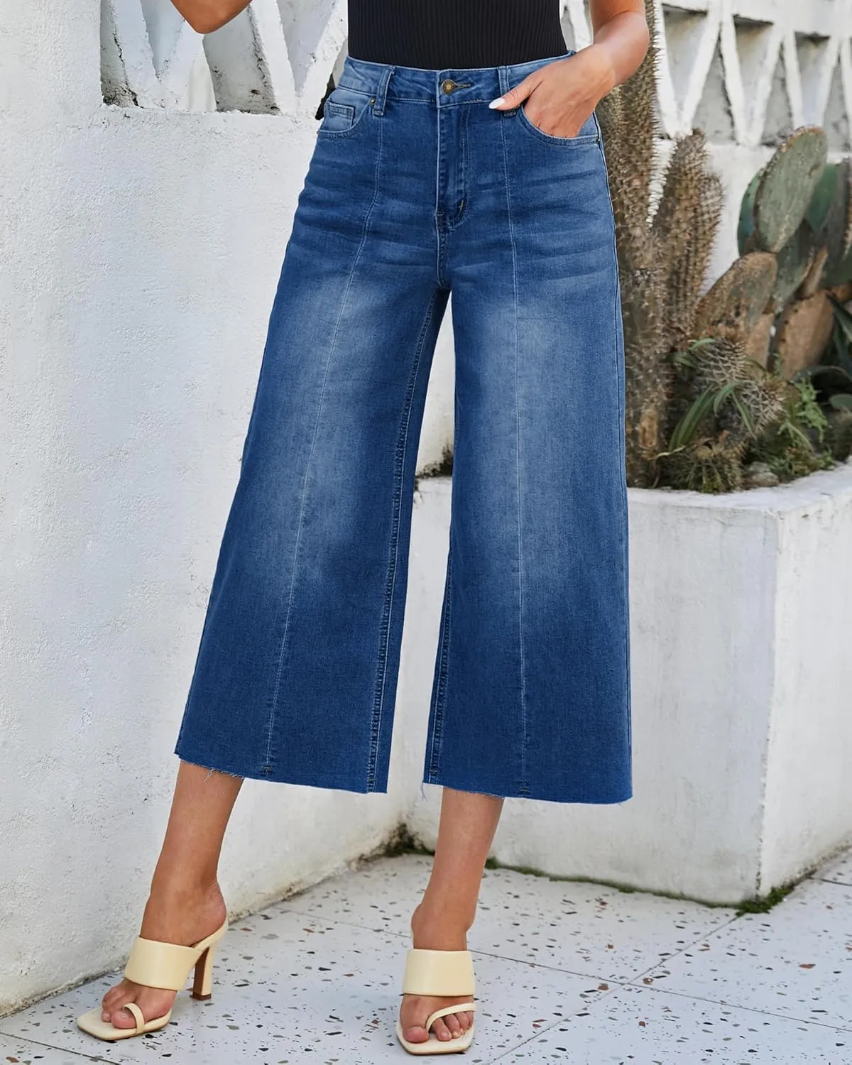 luvamia Wide Leg Capris Jeans for Women Trendy High Waisted Jean Capris Raw Hem Stretchy Denim Capri Cropped Pants