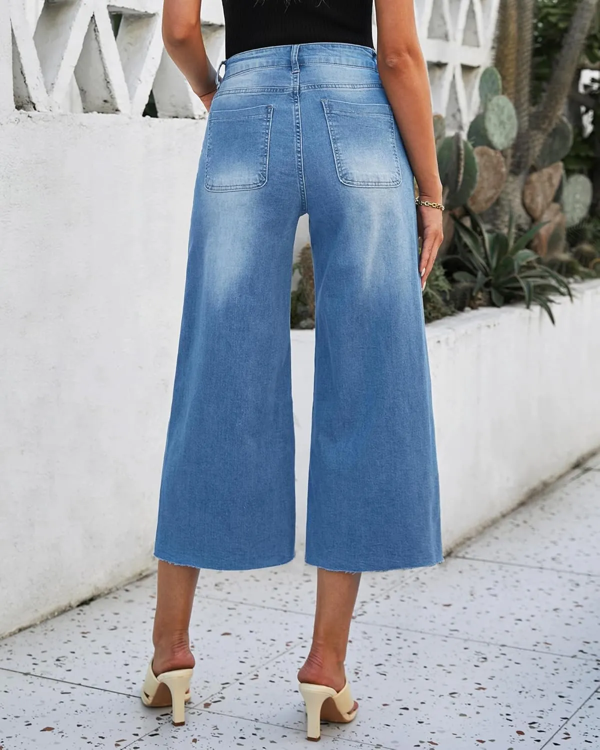 luvamia Wide Leg Capris Jeans for Women Trendy High Waisted Jean Capris Raw Hem Stretchy Denim Capri Cropped Pants