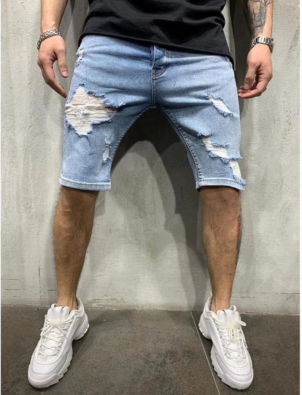 Maiyifu-GJ Men's Fashion Ripped Jean Shorts Casual Distressed Denim Shorts Summer Slim Fit Hole Short Pants